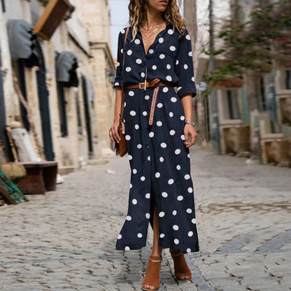 Button Front Polka Dot Maxi Shirt Dress with Belt and Side Split