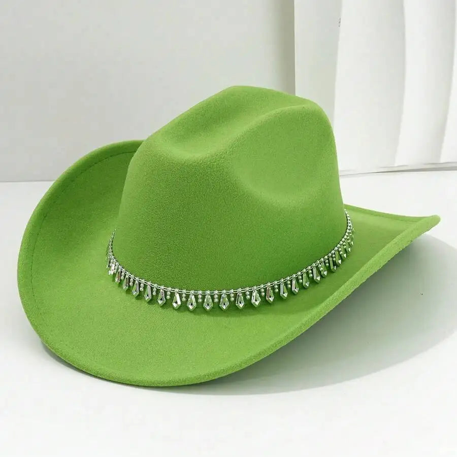 Women's Felt Western Cowboy Hat with Decorative Chain Detail for Casual Statement Style