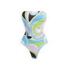 Retro Swirl Print Bandeau Swim Set with Matching Cascading Sarong