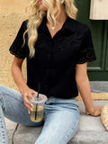 Crisp White Cotton Short-Sleeve Blouse with Floral Eyelet Embroidery