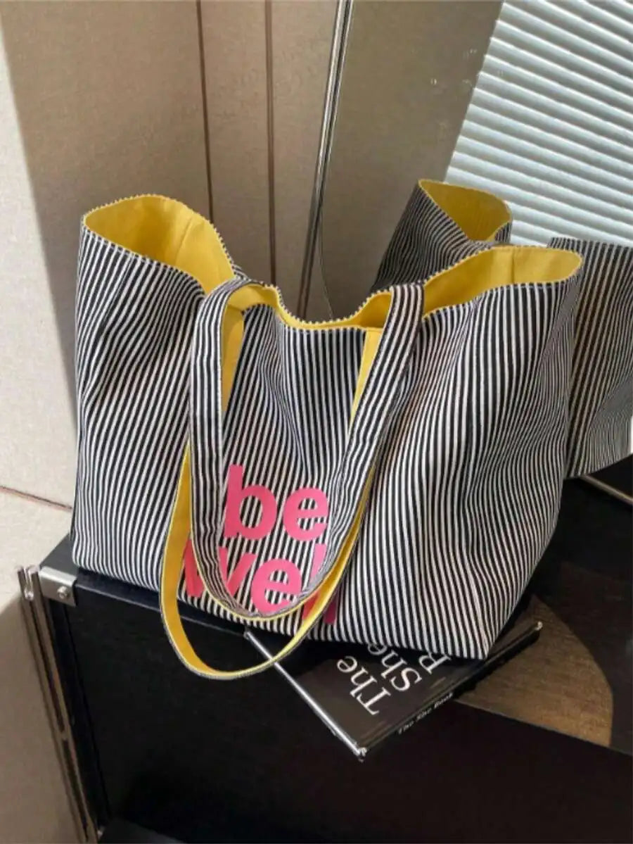 Striped Canvas Shopper Tote Bag with Foldable Everyday Design