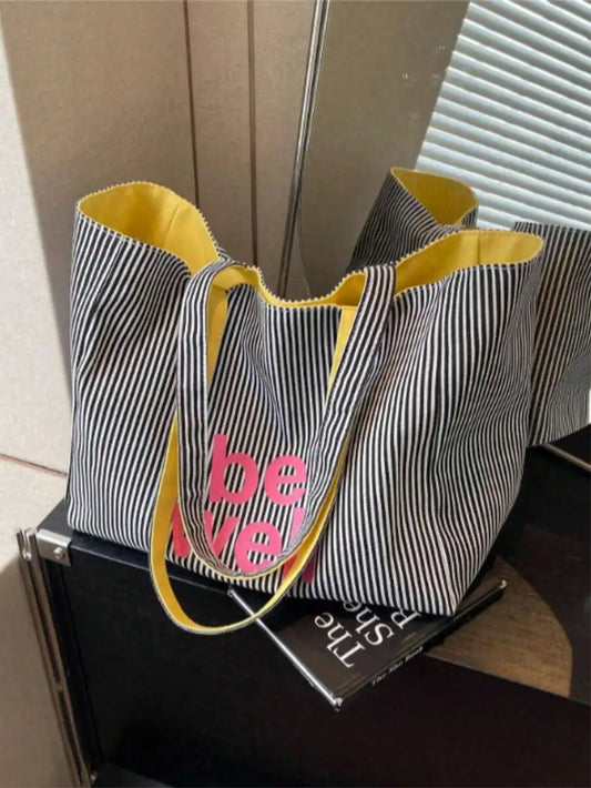 Striped Canvas Shopper Tote Bag with Foldable Everyday Design