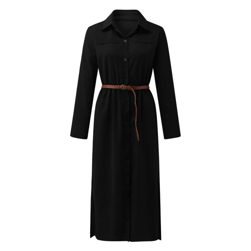 Relaxed Linen Blend Shirt Maxi Dress with Belt and Long Sleeves