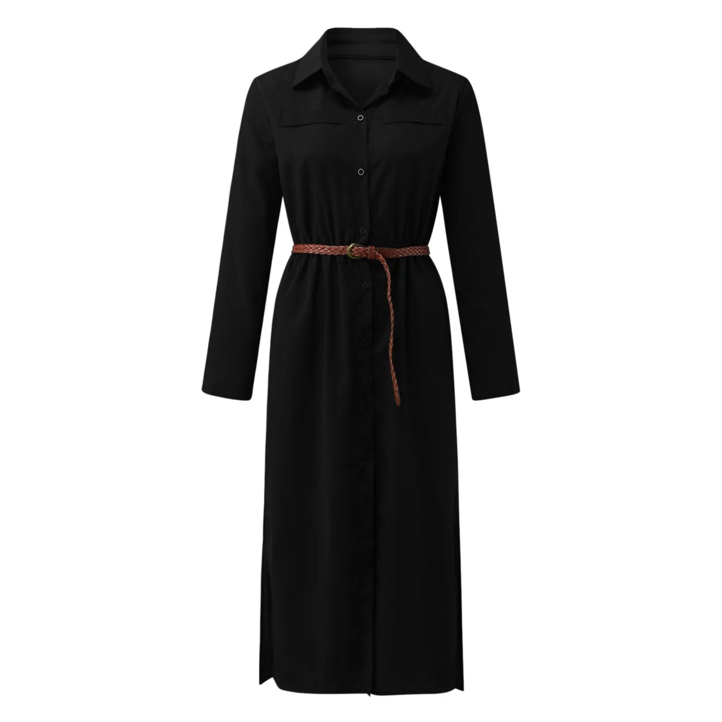 Relaxed Linen Blend Shirt Maxi Dress with Belt and Long Sleeves