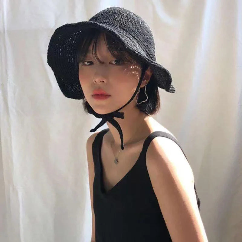 Wide Brim Straw Blend Sun Hat with Adjustable Chin Strap for Beach and Travel Wear
