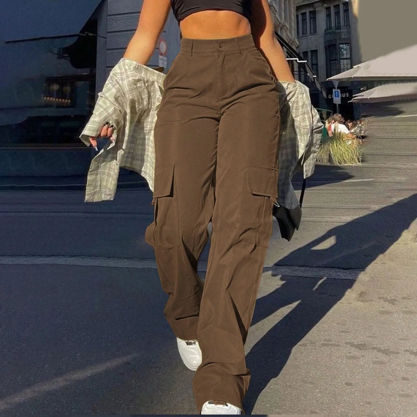 Women's High Waist Wide Leg Utility Trousers with Pocket Casual Streetwear Style
