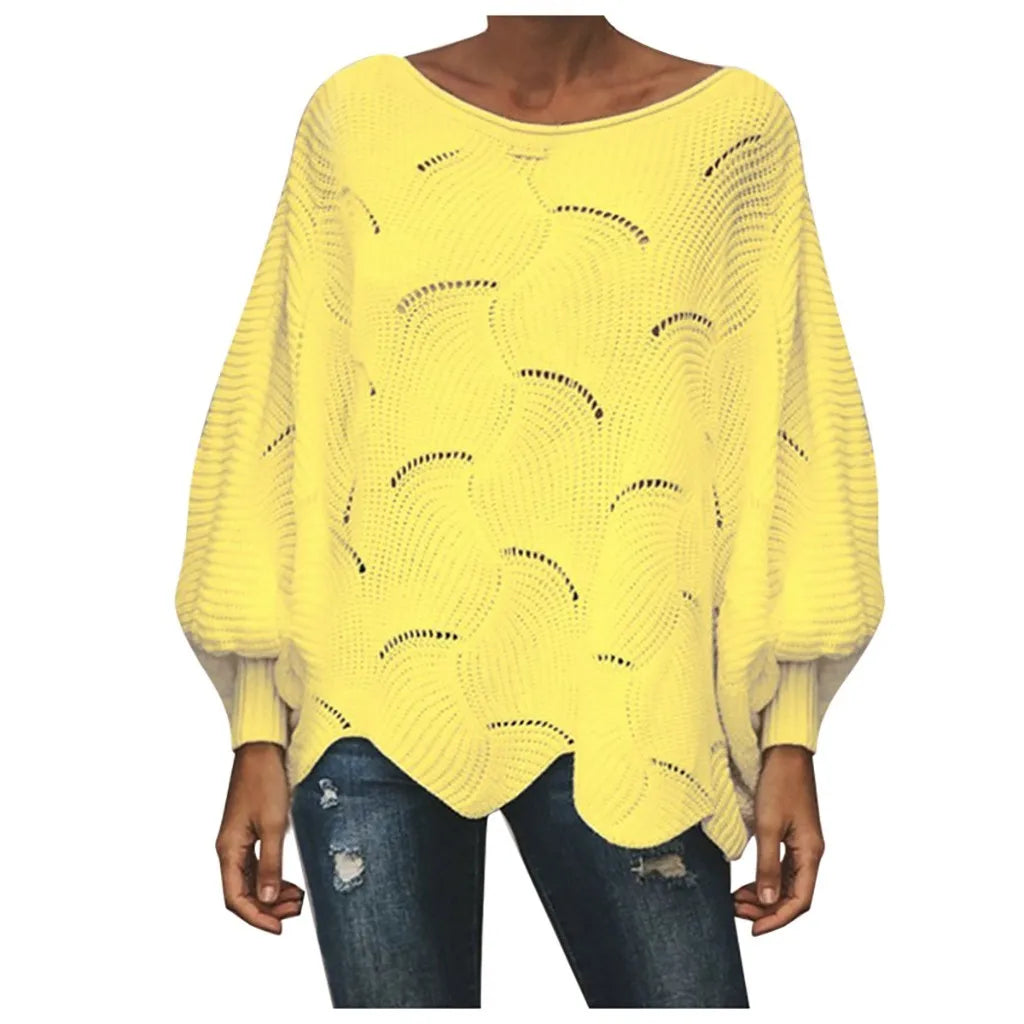 Women's Textured Knit Sweater with Cutout Pattern and Irregular Hem Design