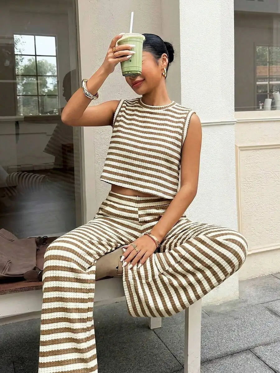 Women's Striped Sleeveless Top and Wide Leg Pants Relaxed Matching Set