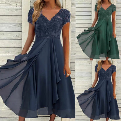 Elegant Lace Bodice Flowing Chiffon Alternative Fashion Midi Dress