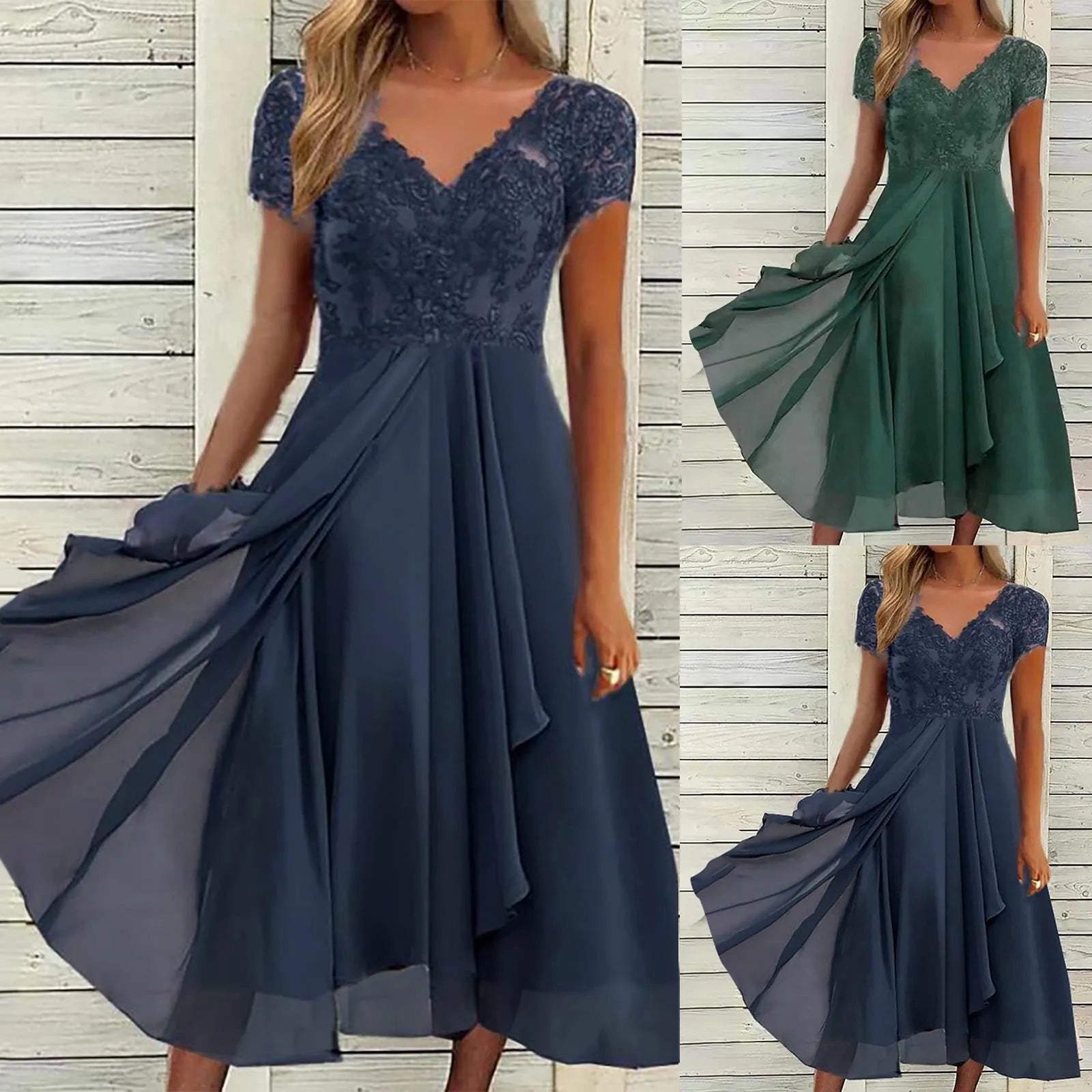 V-Neck Lace Detail Chiffon Maxi Dress with Short Sleeves and A-Line Fit