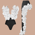 Crimson Red Plunge Swimwear Set with Dramatic 3D Floral Embellishments