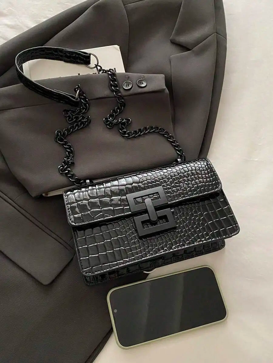 Mini Croc Texture Chain Strap Crossbody Shoulder Bag with Flap Closure