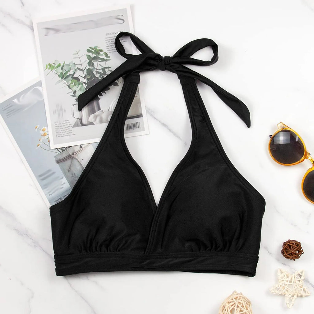 Classic Black Halter Bikini Top with Gathered Front Detailing and Tie-Neck Straps