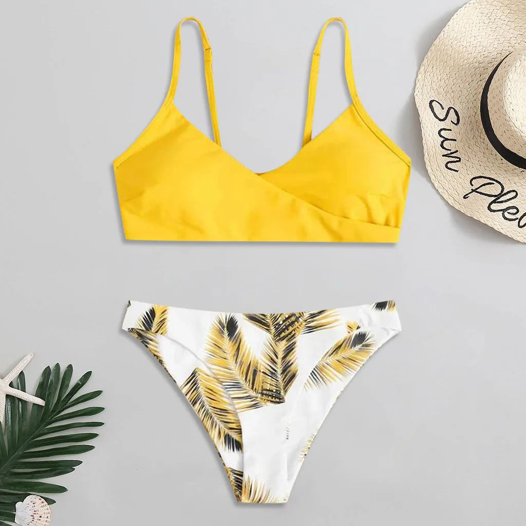 Two-Piece Swimsuit Set with Navy V-Neck Bralette and Botanical Print Bottoms