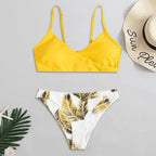 Two-Piece Swimsuit Set with Navy V-Neck Bralette and Botanical Print Bottoms