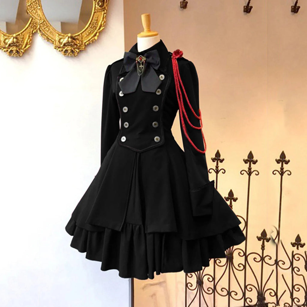 Medieval-Inspired Green and Black Flared Coat Dress with Decorative Bow and Brass-Tone Buttons