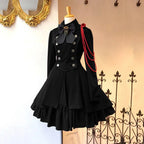 Medieval-Inspired Green and Black Flared Coat Dress with Decorative Bow and Brass-Tone Buttons