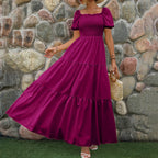 Tiered A-Line Maxi Dress with Smocked Bodice and Puff Sleeves