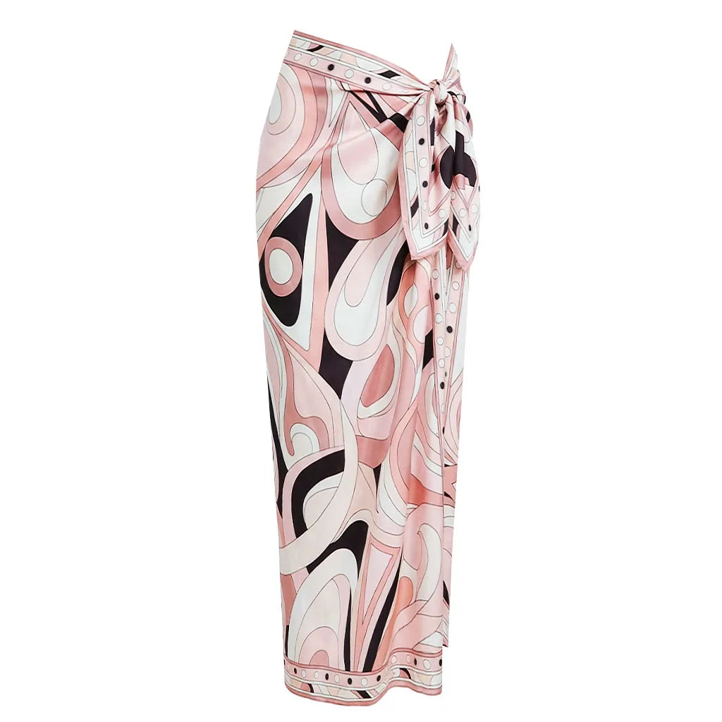 Retro Swirl Print Bandeau Swim Set with Matching Cascading Sarong