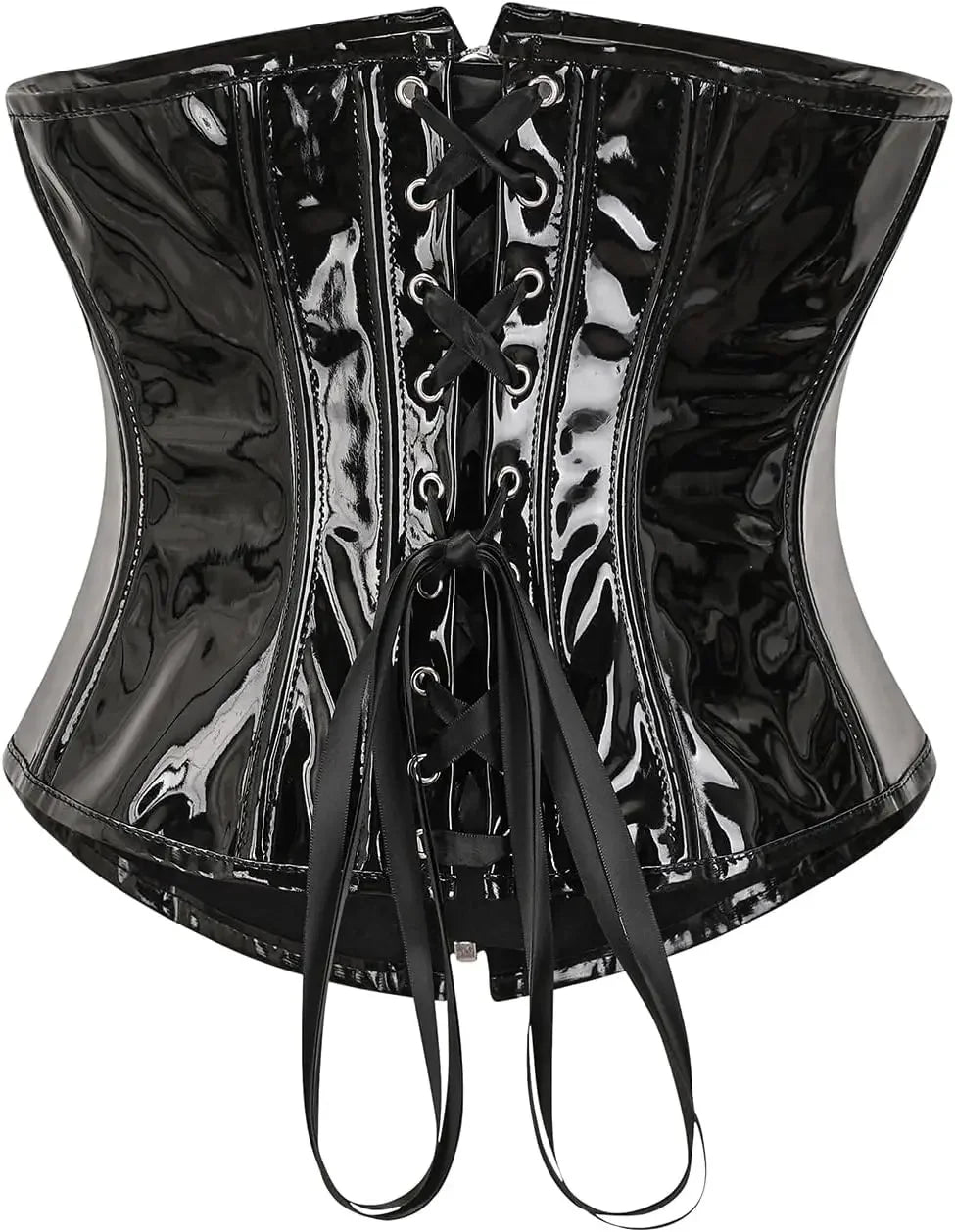 High-Shine Black Faux Leather Underbust Corset with Zipper and Buckles