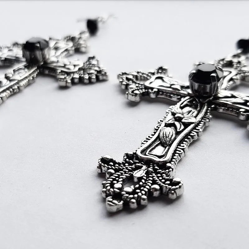 Ornate Cross Drop Earrings for Gothic Punk and Dark Romantic Styling
