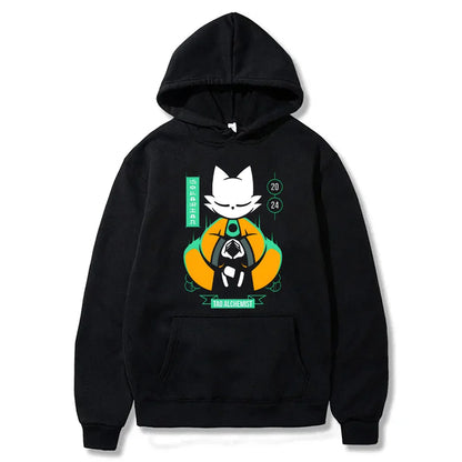 Anime Urban Graphic Hoodie with Manga-Inspired Cat Mascot Streetwear Design