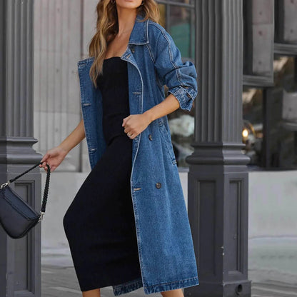Women's Oversized Longline Denim Style Utility Coat with Relaxed Streetwear Layering Silhouette