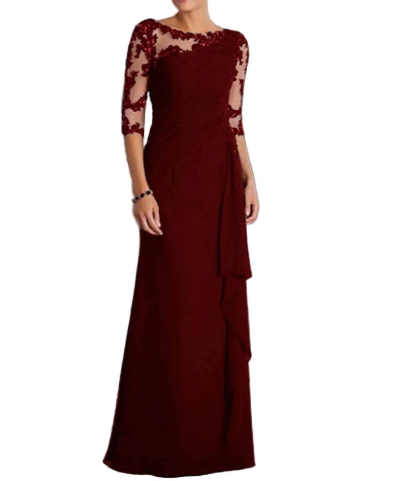 Lace Detail Maxi Dress with Sheer Sleeves and Elegant Column Silhouette