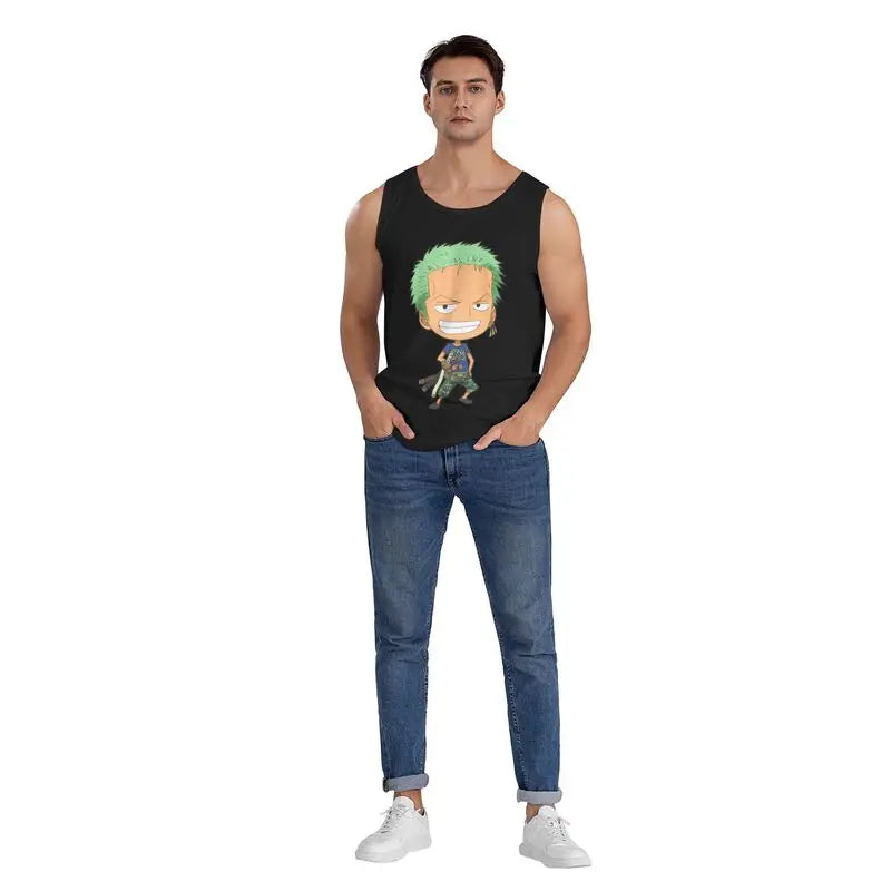 Kawaii Anime-Inspired Cotton Sleeveless Tank Top with Chibi Adventure Character Graphic Design