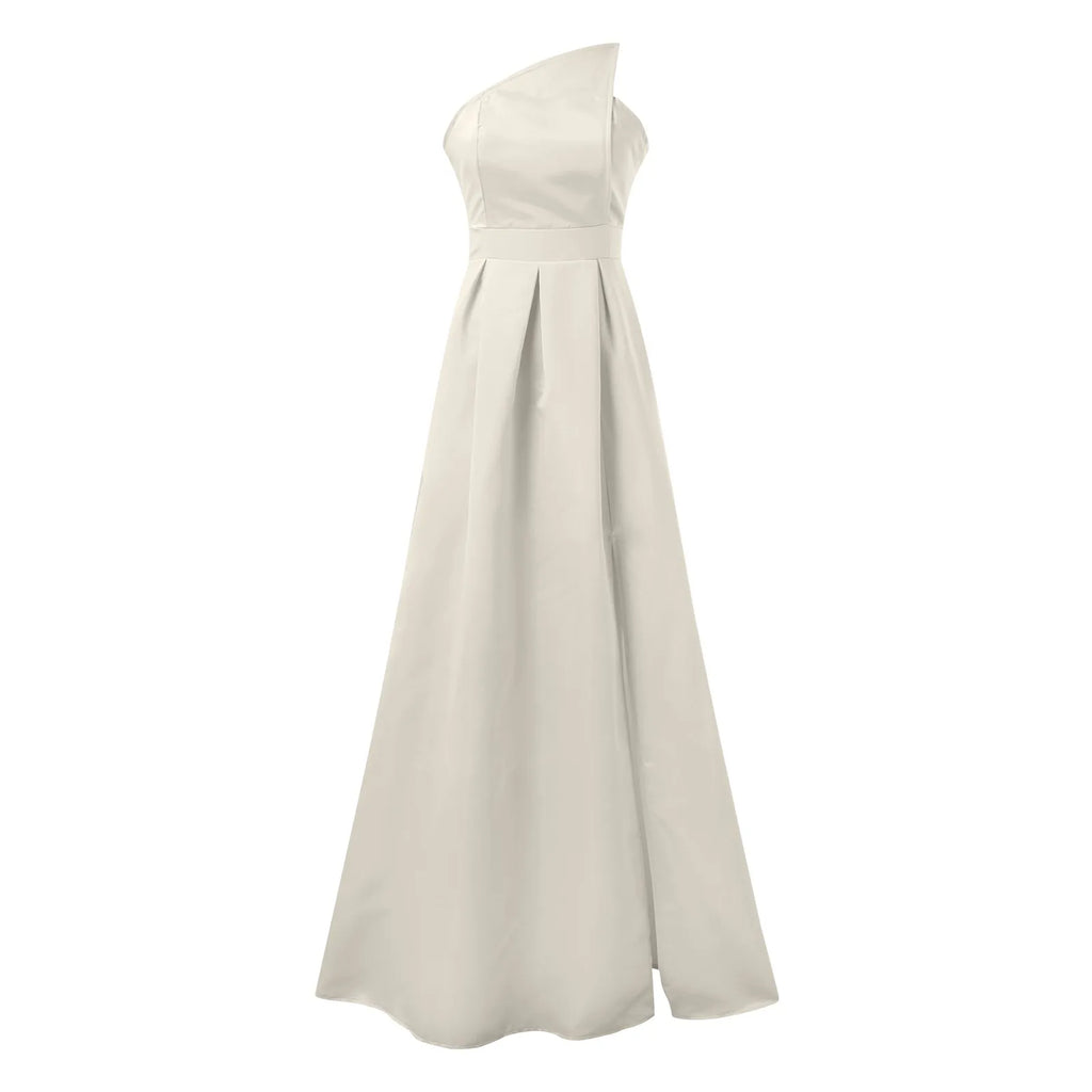 One Shoulder Satin-Inspired Maxi Dress with High Slit and Draped Detail