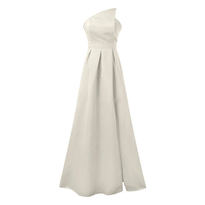 One Shoulder Satin-Inspired Maxi Dress with High Slit and Draped Detail