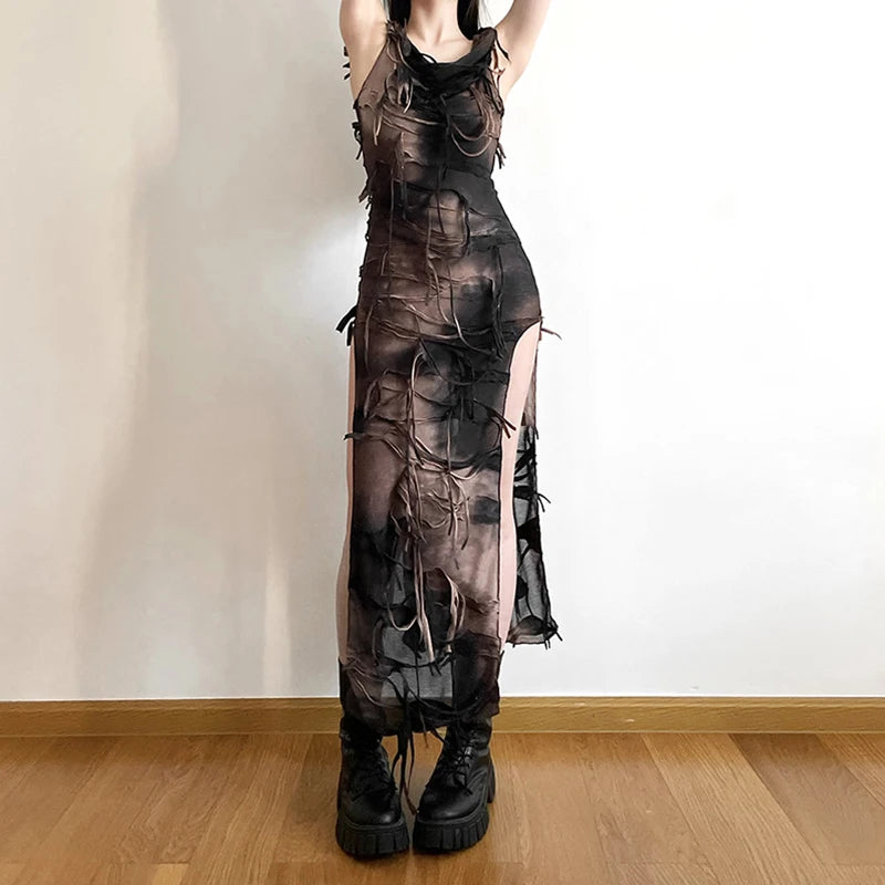 Sheer Gothic Maxi Dress with Elegant Alternative Grunge Aesthetic