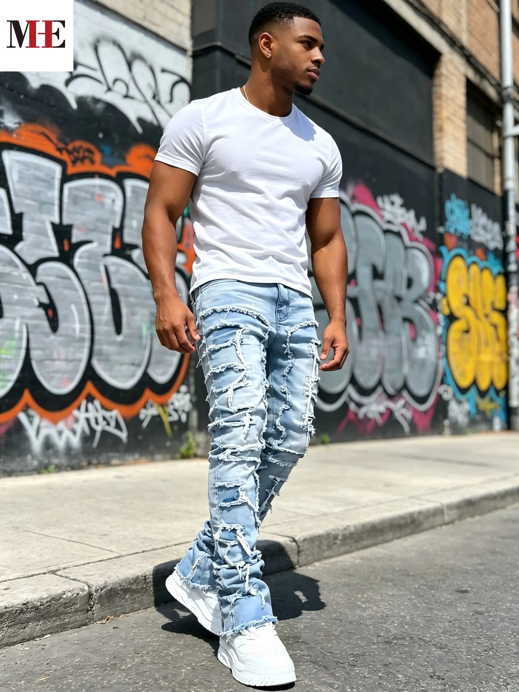 Men's Stacked Straight Denim Jeans with Frayed Distressed Details and Vintage Streetwear Fit
