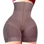 High-Waisted Mid-Thigh Shaping Shorts with Center Closure and Floral Lace Hem