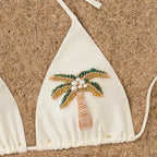 Cream String Bikini with Beaded Palm Tree Embellishments