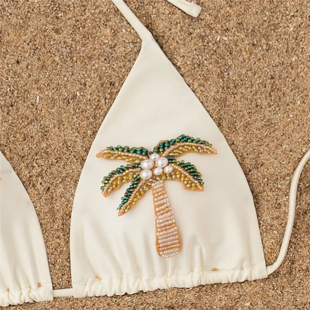 Cream String Bikini with Beaded Palm Tree Embellishments