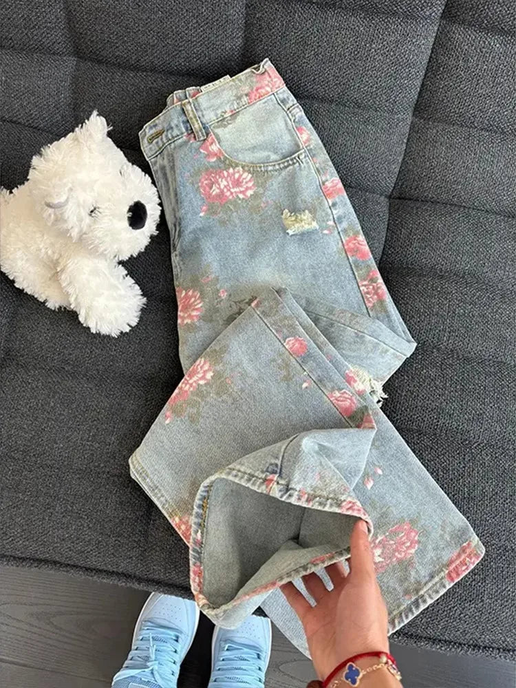 Vintage Washed Distressed Wide Leg Straight Jeans with Floral Detail Relaxed Streetwear Style