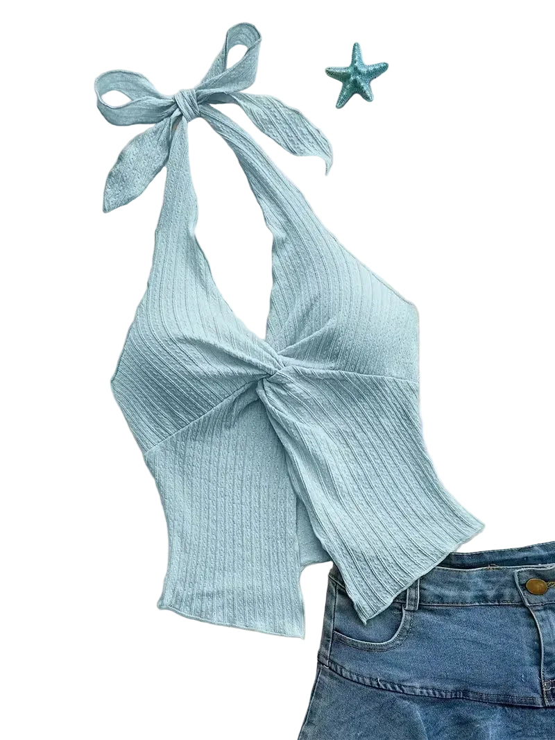 Twisted Front Backless Crop Top with Slim Fit Contemporary Streetwear Camisole Style