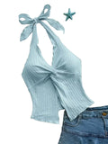 Twisted Front Backless Crop Top with Slim Fit Contemporary Streetwear Camisole Style