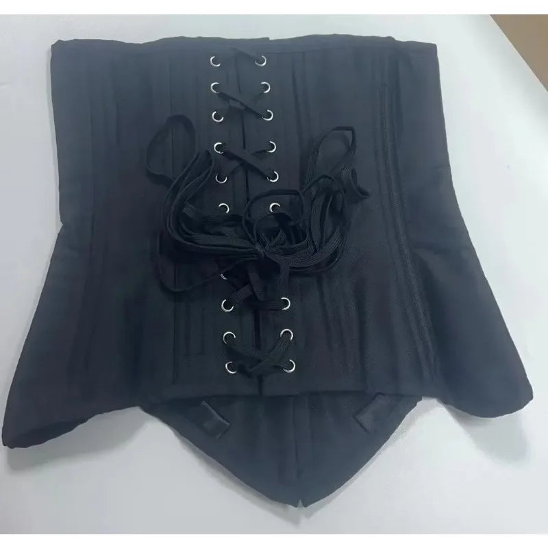 Classic Black Long Torso Underbust Corset with Front Busk Closure and Structured Steel Boning