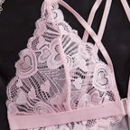 Grey and Pink Heart-Patterned Mesh Babydoll Set with Handkerchief Hem