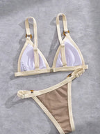 Textured Taupe Bikini with Contrast White Piping and Hardware Accents