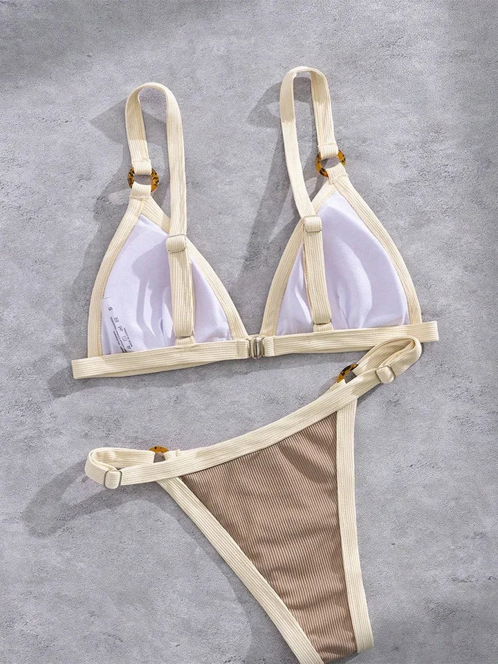 Textured Taupe Bikini with Contrast White Piping and Hardware Accents