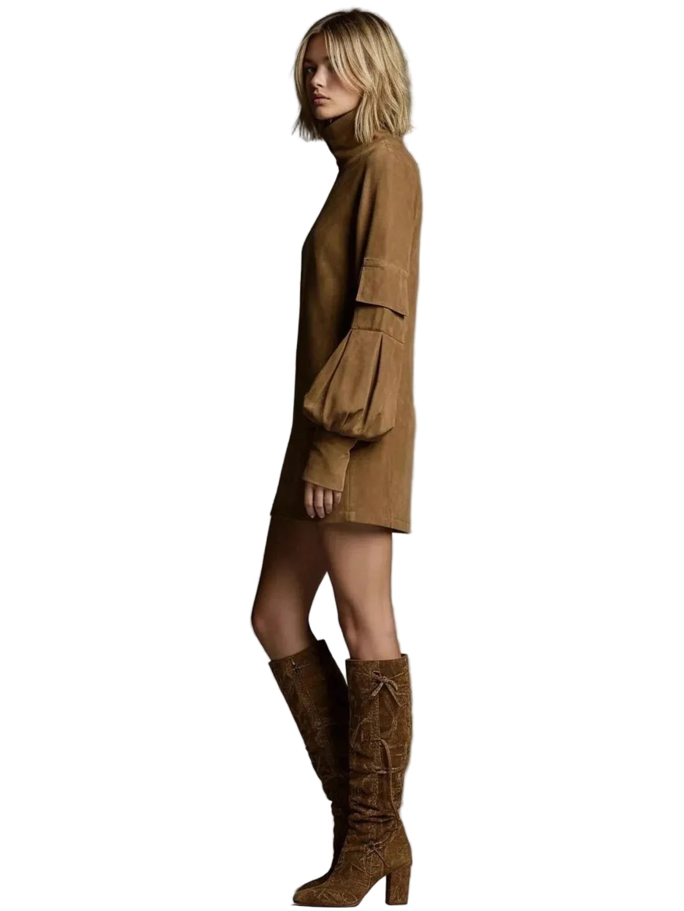Turtleneck Lantern Sleeve Mini Dress with Relaxed Oversized Silhouette