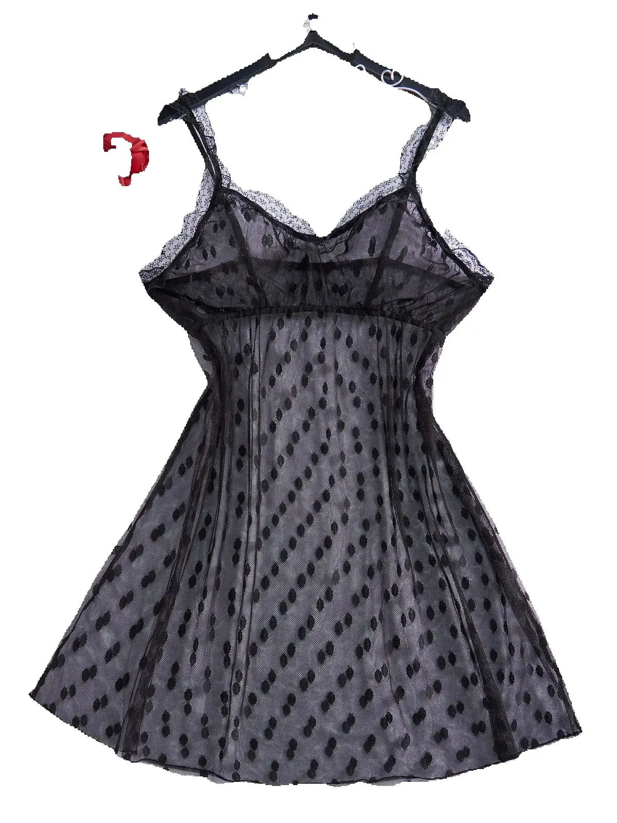 Semi-Sheer Polka Dot Mesh Babydoll Nightdress with Lace Splicing