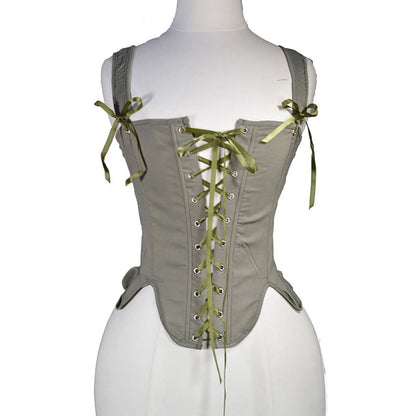 Lace-Up Corset Top with Adjustable Shoulder Ties and Structured Bodice