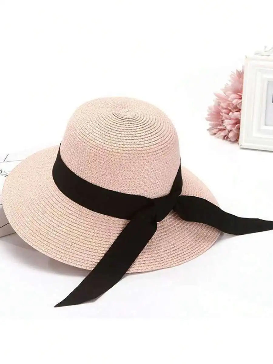 Foldable Wide Brim Straw Sun Hat with Decorative Bow for Beach and Vacation Wear