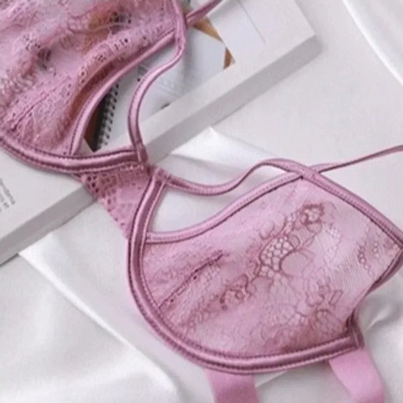 Modern Pink Sheer Lace Underwire Bra and Wide-Strap Thong Set