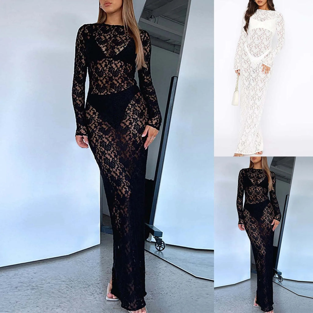 Sheer Lace Bodycon Maxi Dress with Long Sleeves and Openwork Details