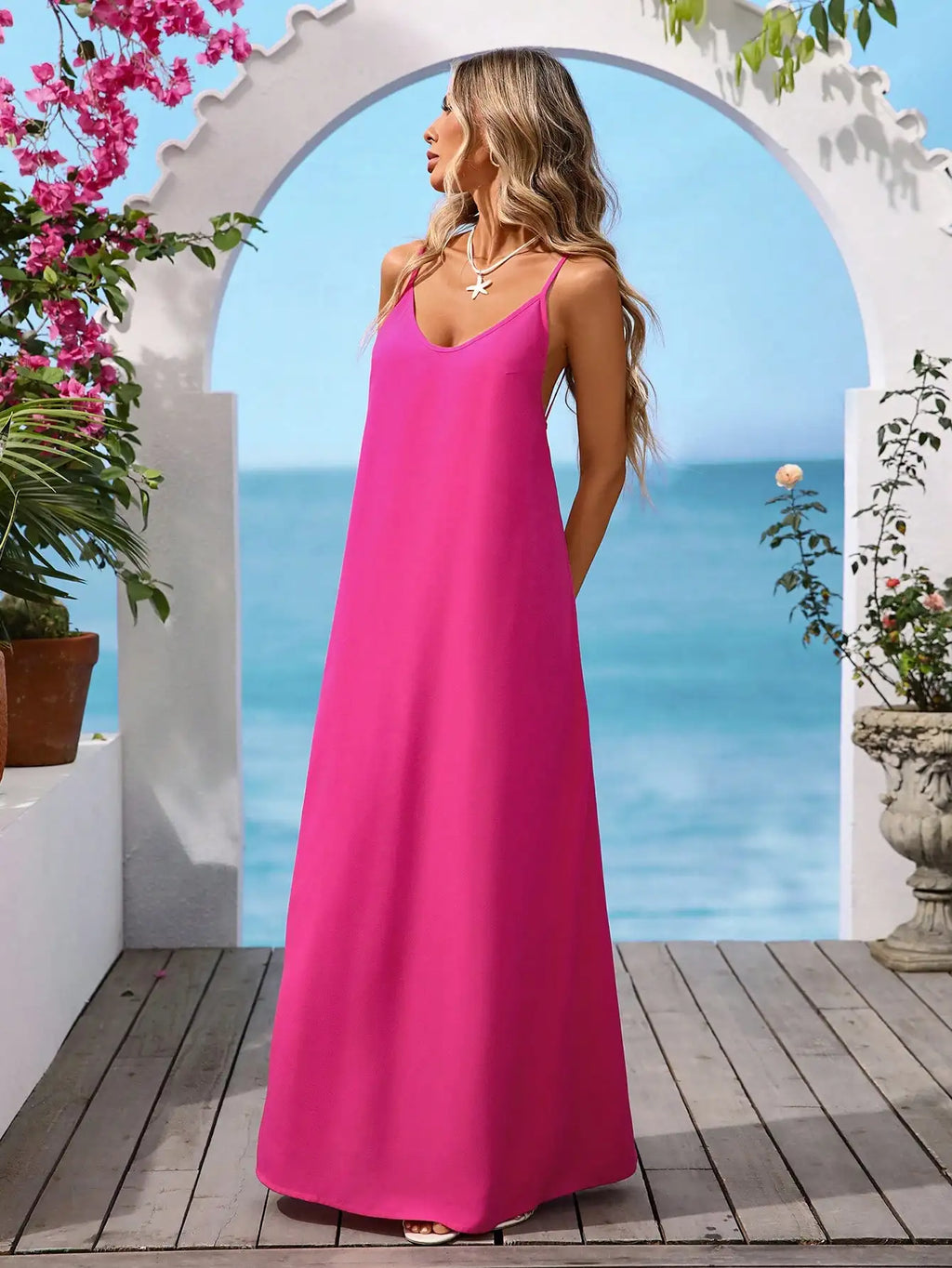 Cross Back Maxi Dress With Relaxed Silhouette And Soft Drape